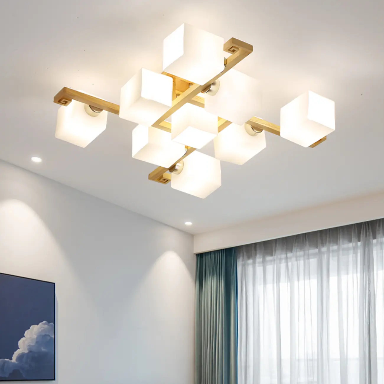 8.5" Height Square Glass Natural Wood Semi Flush Ceiling Light Image - 1 | homeyfad