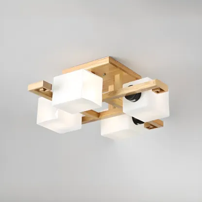 8.5" Height Square Glass Natural Wood Semi Flush Ceiling Light Image - 2