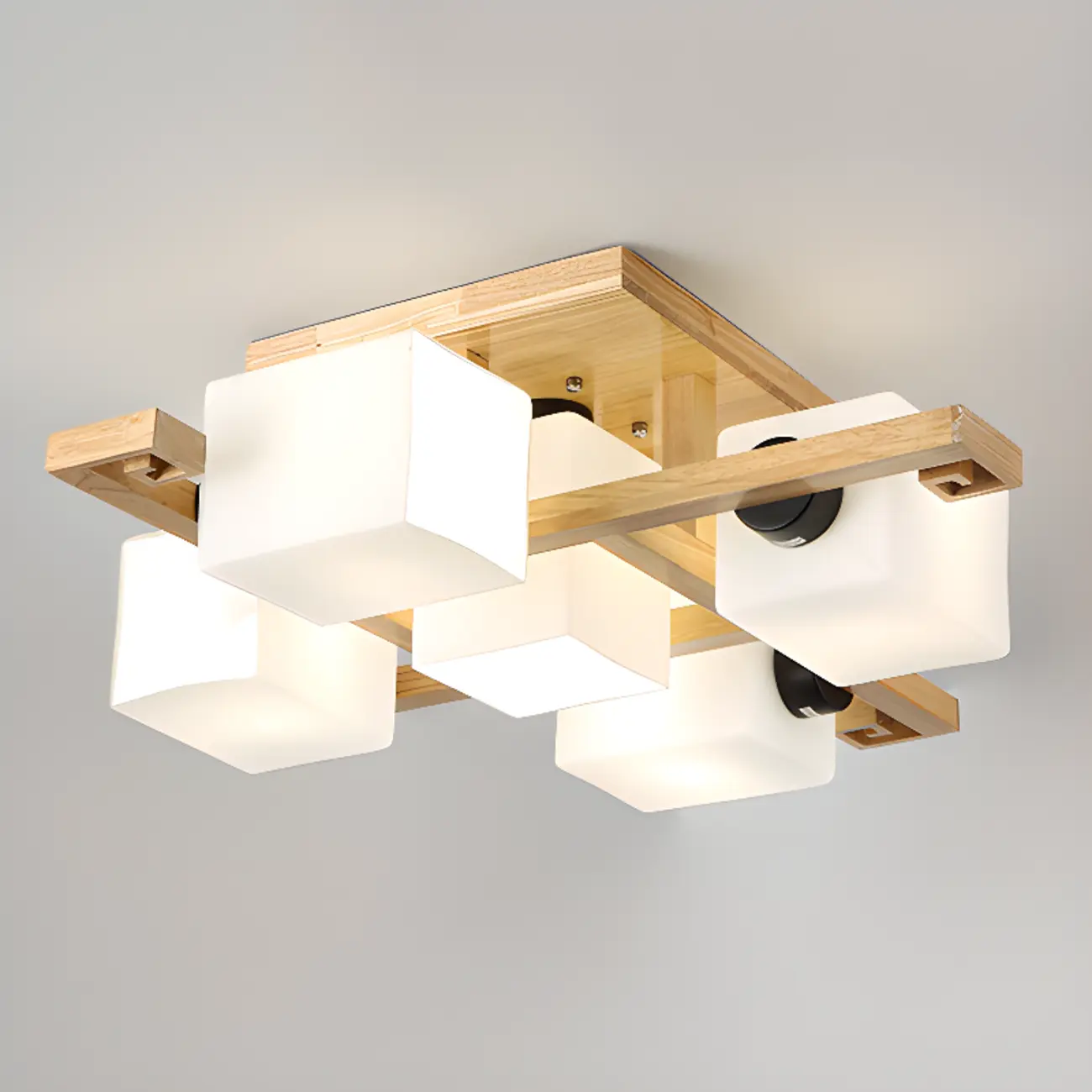 8.5" Height Square Glass Natural Wood Semi Flush Ceiling Light Image - 3 | homeyfad