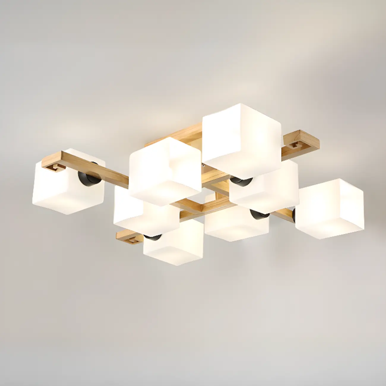 8.5" Height Square Glass Natural Wood Semi Flush Ceiling Light Image - 5 | homeyfad