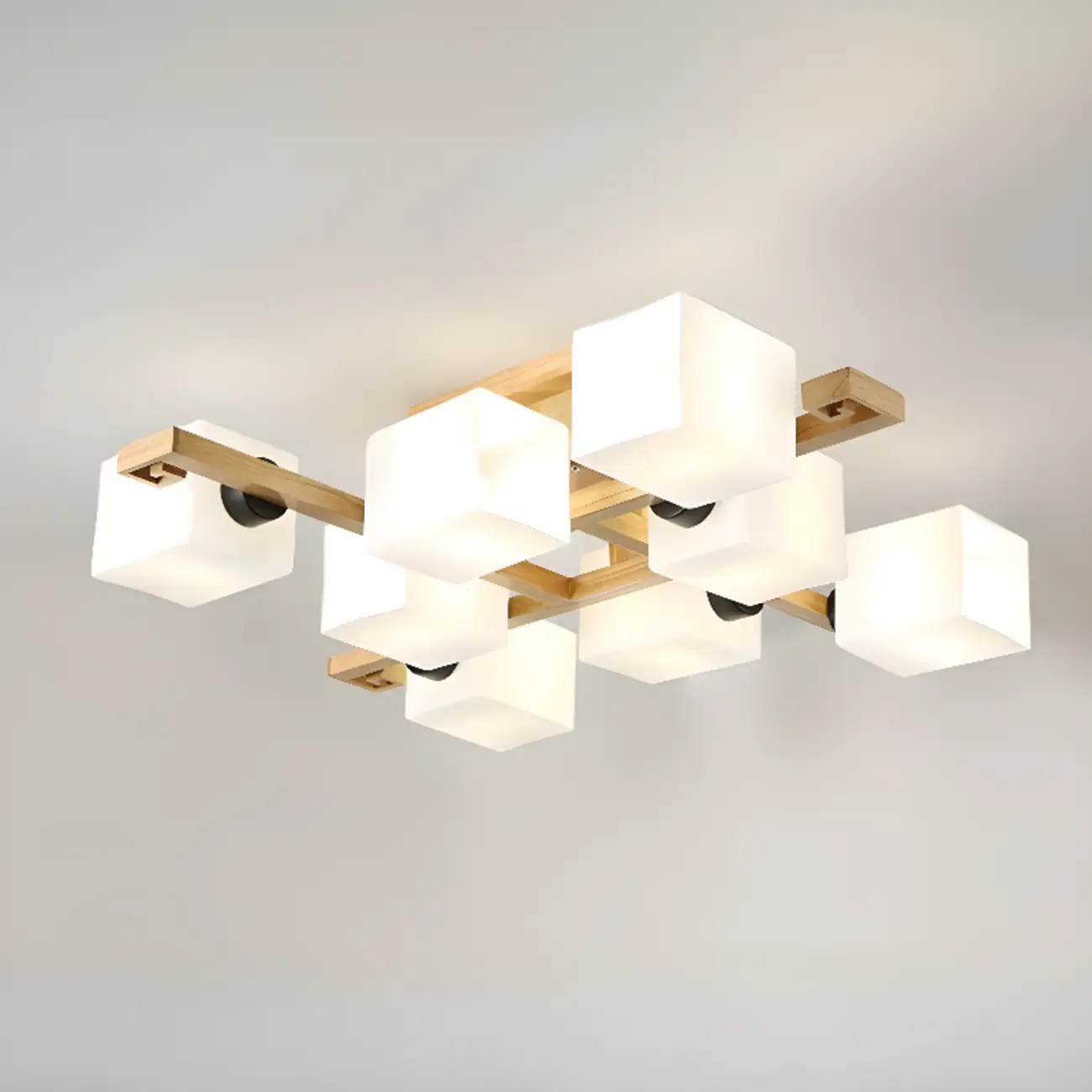 8.5" Height Square Glass Natural Wood Semi Flush Ceiling Light Image - 5