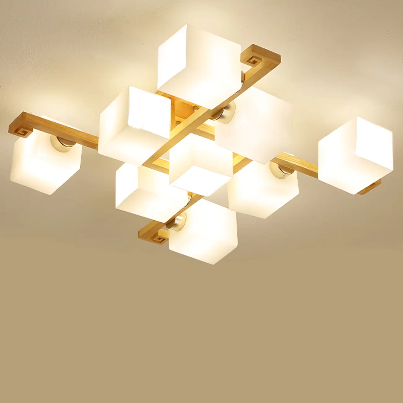 8.5" Height Square Glass Natural Wood Semi Flush Ceiling Light Image - 9 | homeyfad