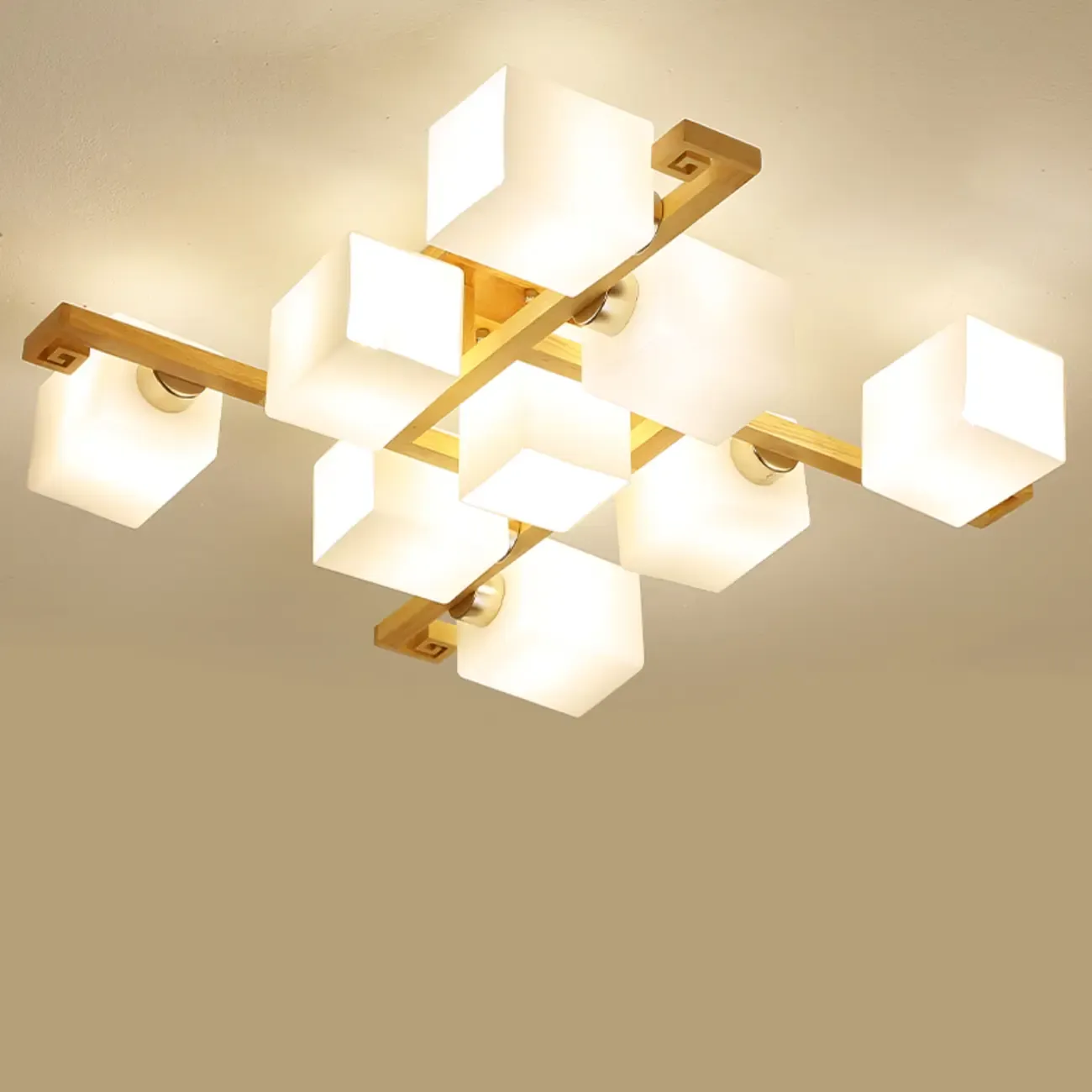 8.5" Height Square Glass Natural Wood Semi Flush Ceiling Light Image - 9