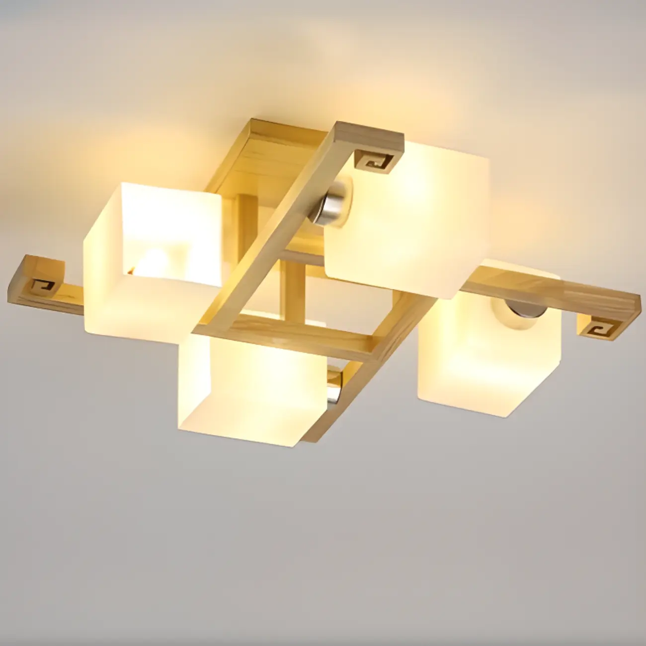 8.5" Height Square Glass Natural Wood Semi Flush Ceiling Light Image - 11 | homeyfad