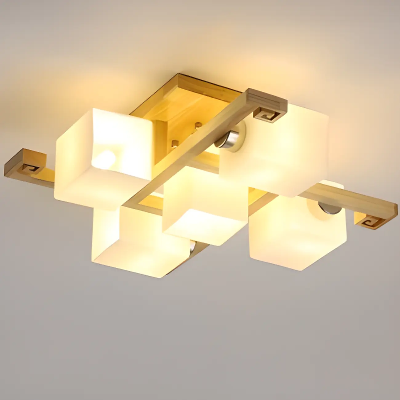 8.5" Height Square Glass Natural Wood Semi Flush Ceiling Light Image - 12 | homeyfad