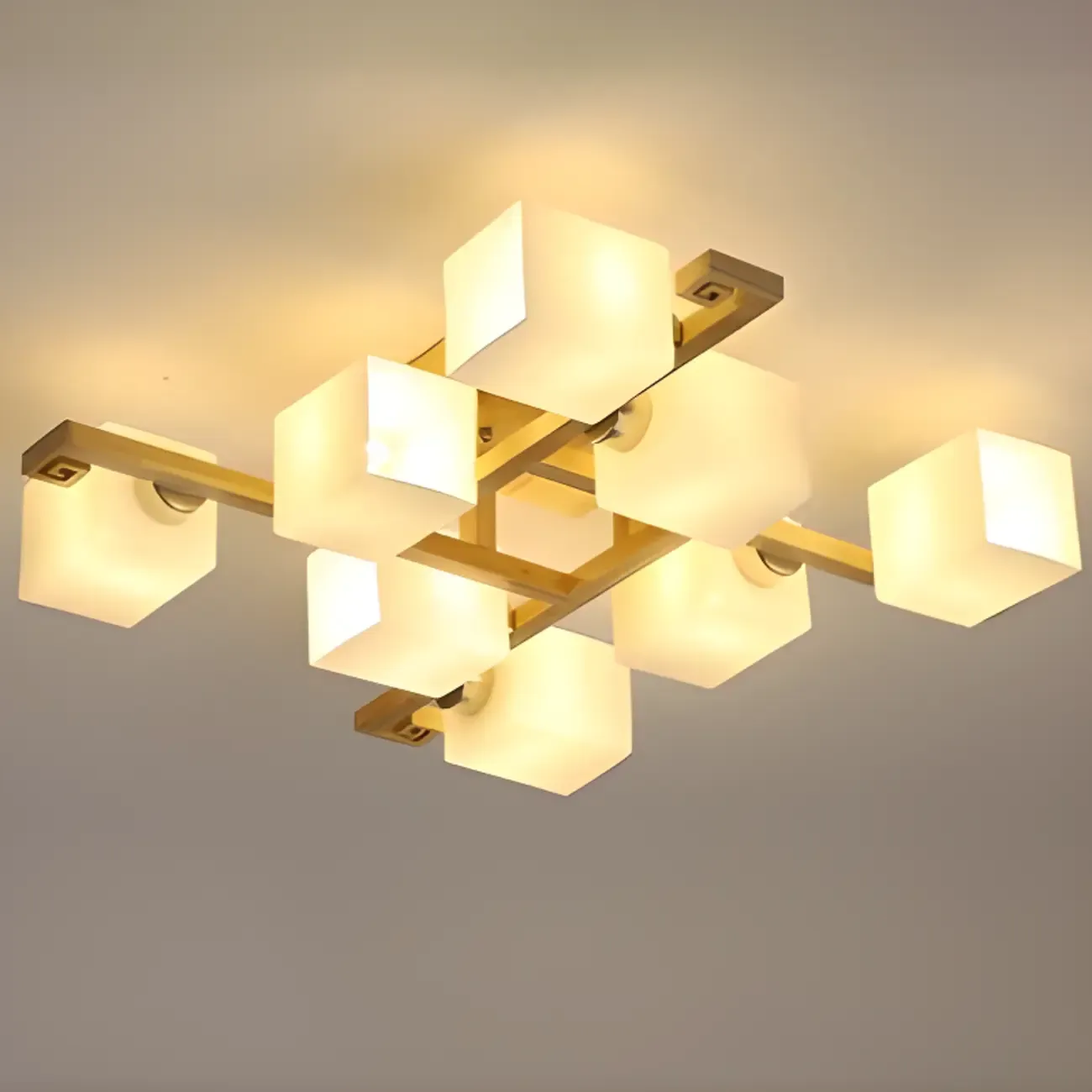 8.5" Height Square Glass Natural Wood Semi Flush Ceiling Light Image - 13