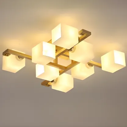 8.5" Height Square Glass Natural Wood Semi Flush Ceiling Light Image - 13