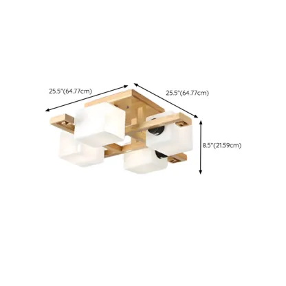 8.5" Height Square Glass Natural Wood Semi Flush Ceiling Light #size