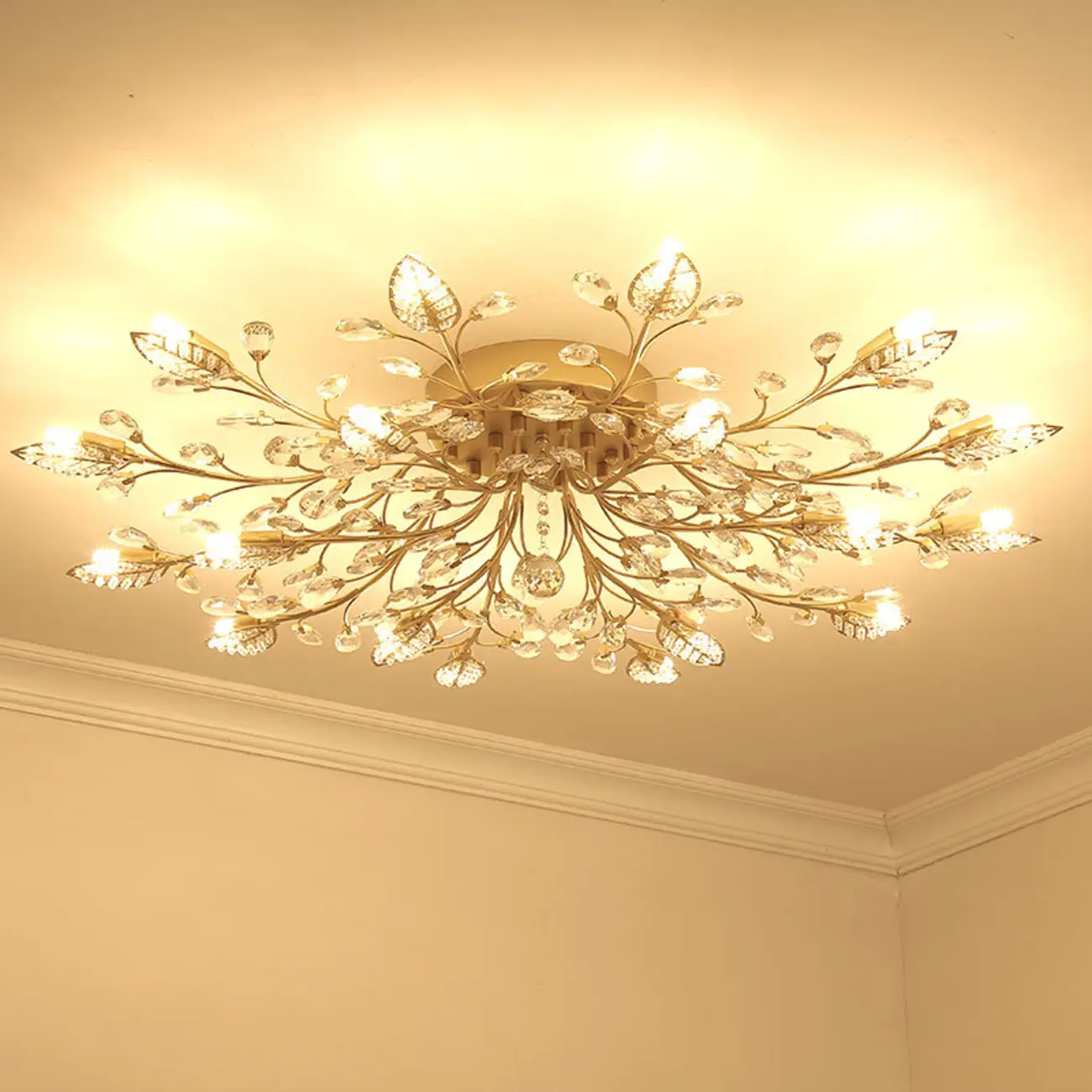 8" Height Elegant Gold Leaf Floral Semi Flush Ceiling Light | homeyfad