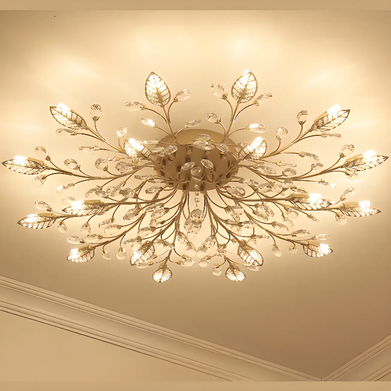 8" Height Elegant Gold Leaf Floral Semi Flush Ceiling Light | homeyfad
