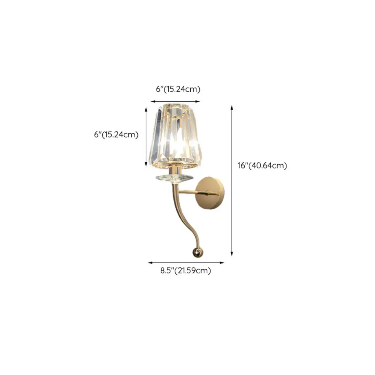 Elegant Crystal Smooth Gilded Metal Wall Sconce #size