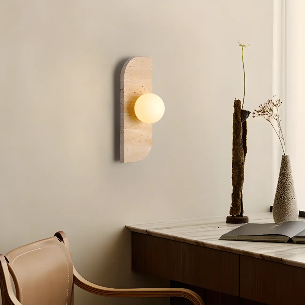 Modern Beige Stone Glass Globe Ambient Wall Sconce Image - 5 | homeyfad