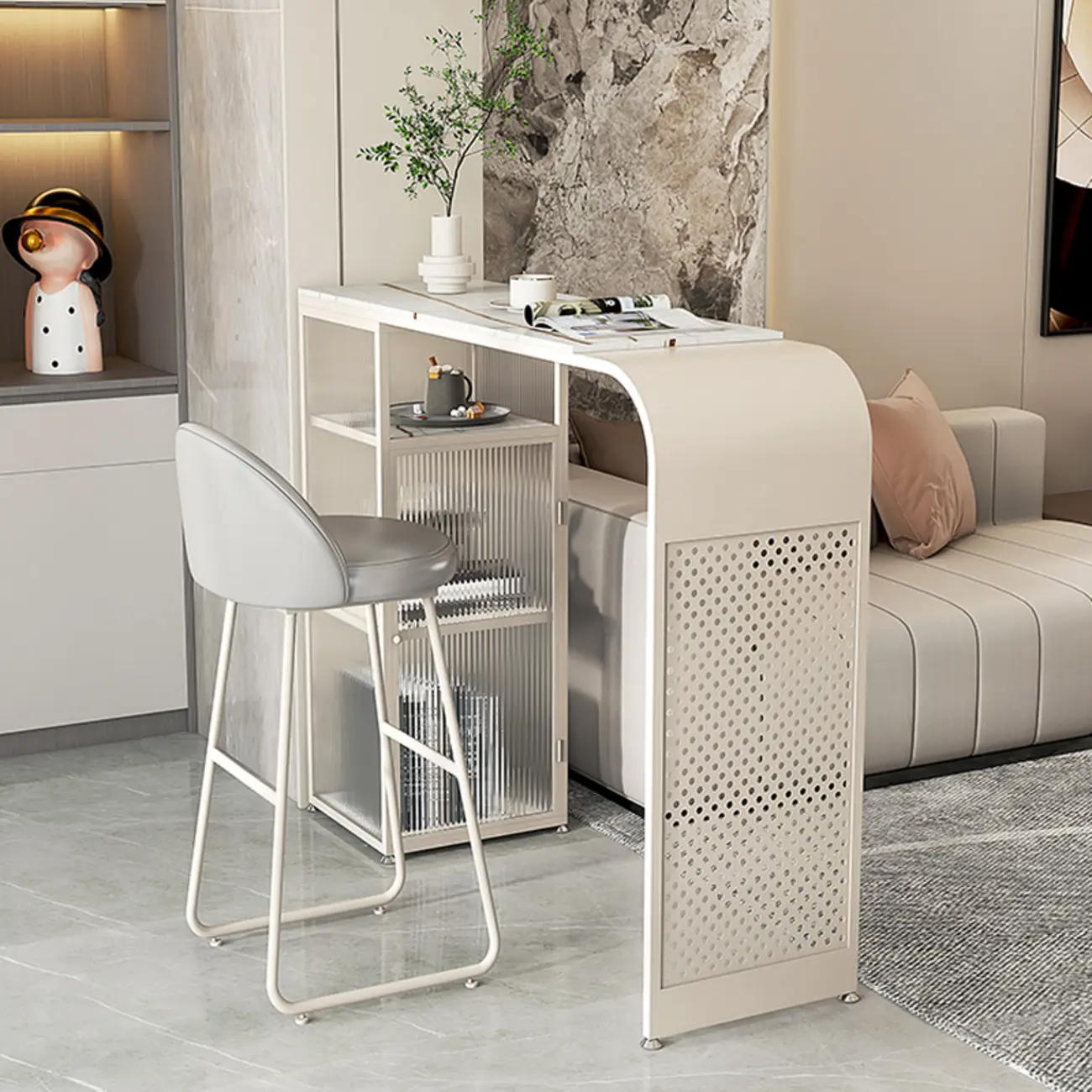 Modern White Stone Top Bar Tables with Storage Image - 1 | homeyfad