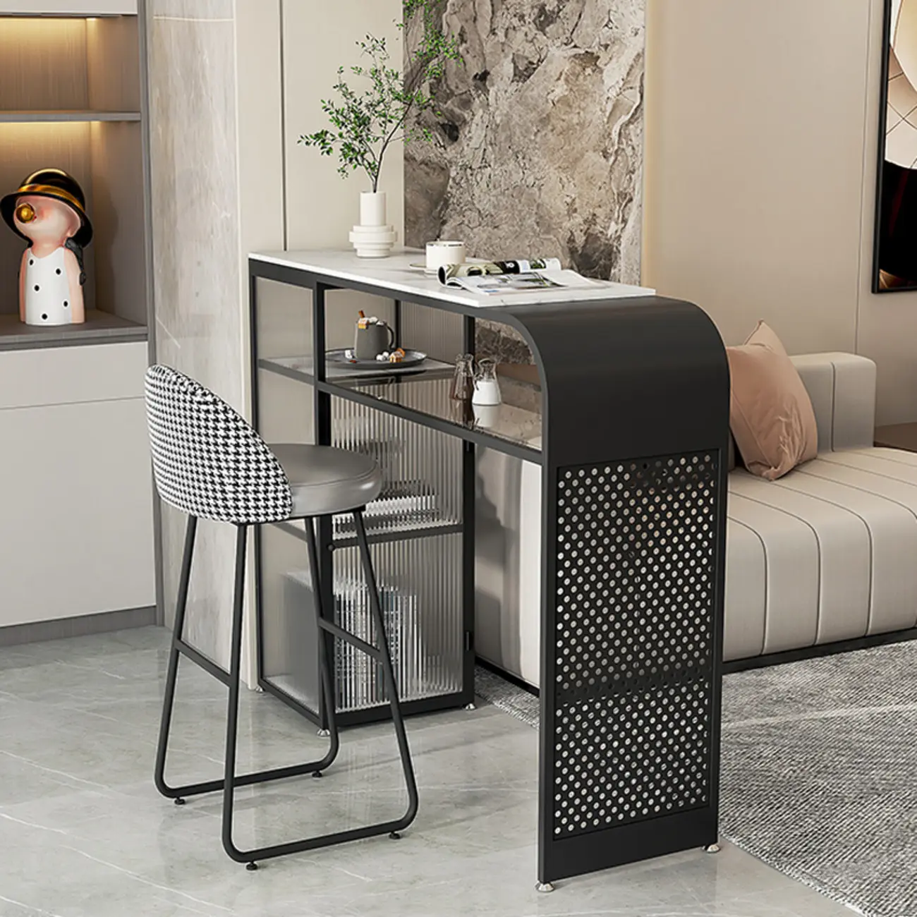 Modern White Stone Top Bar Tables with Storage Image - 4 | homeyfad