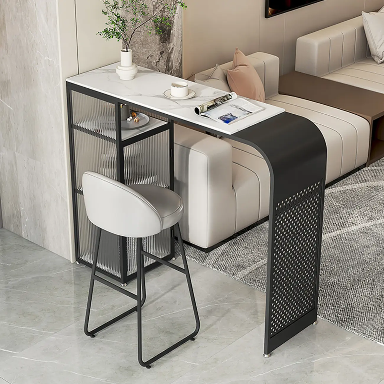 Modern White Stone Top Bar Tables with Storage Image - 6 | homeyfad