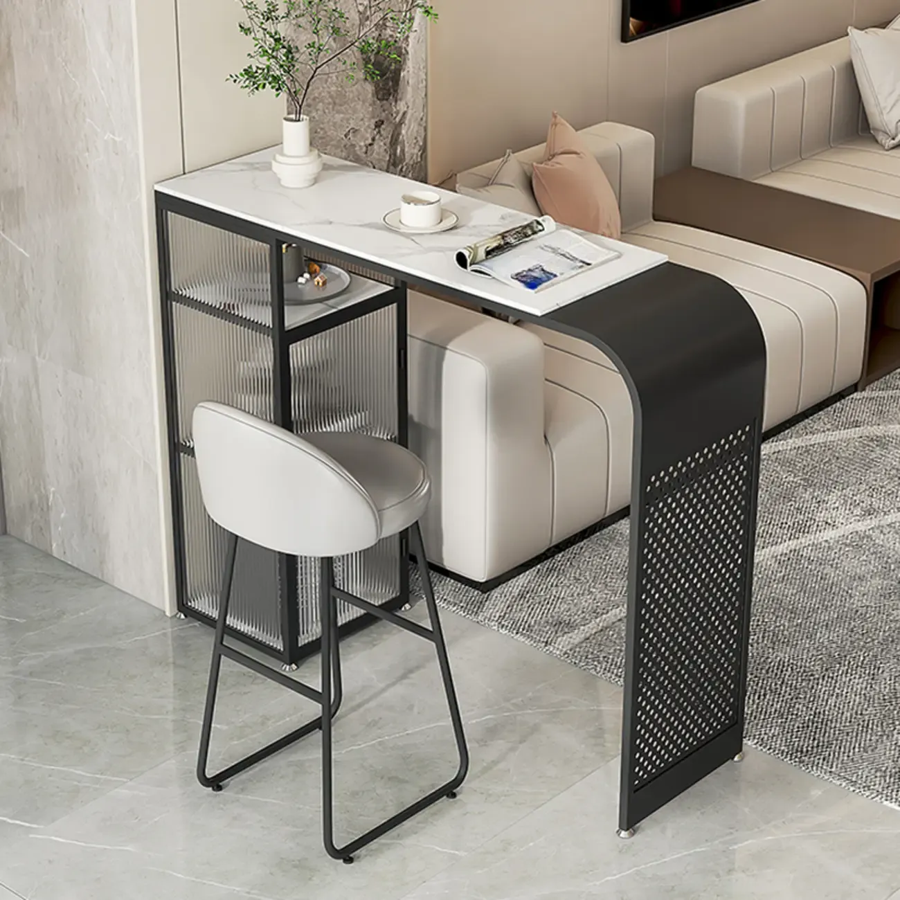Modern White Stone Top Bar Tables with Storage Image - 6