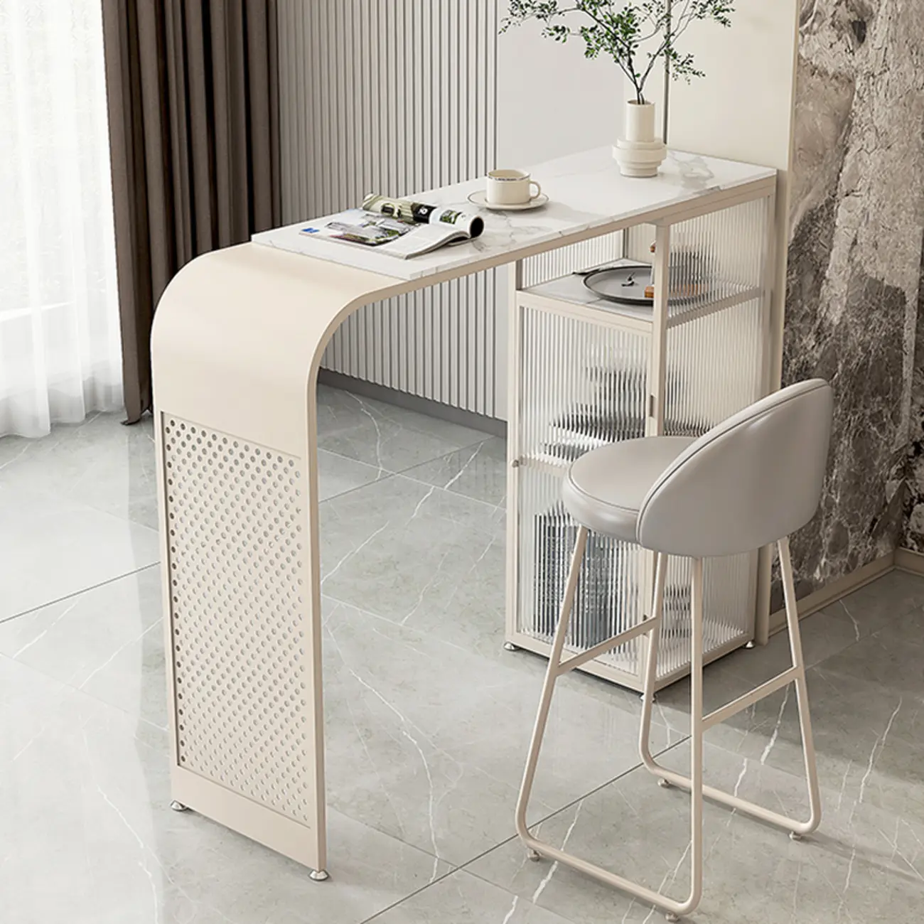 Modern White Stone Top Bar Tables with Storage Image - 8 | homeyfad