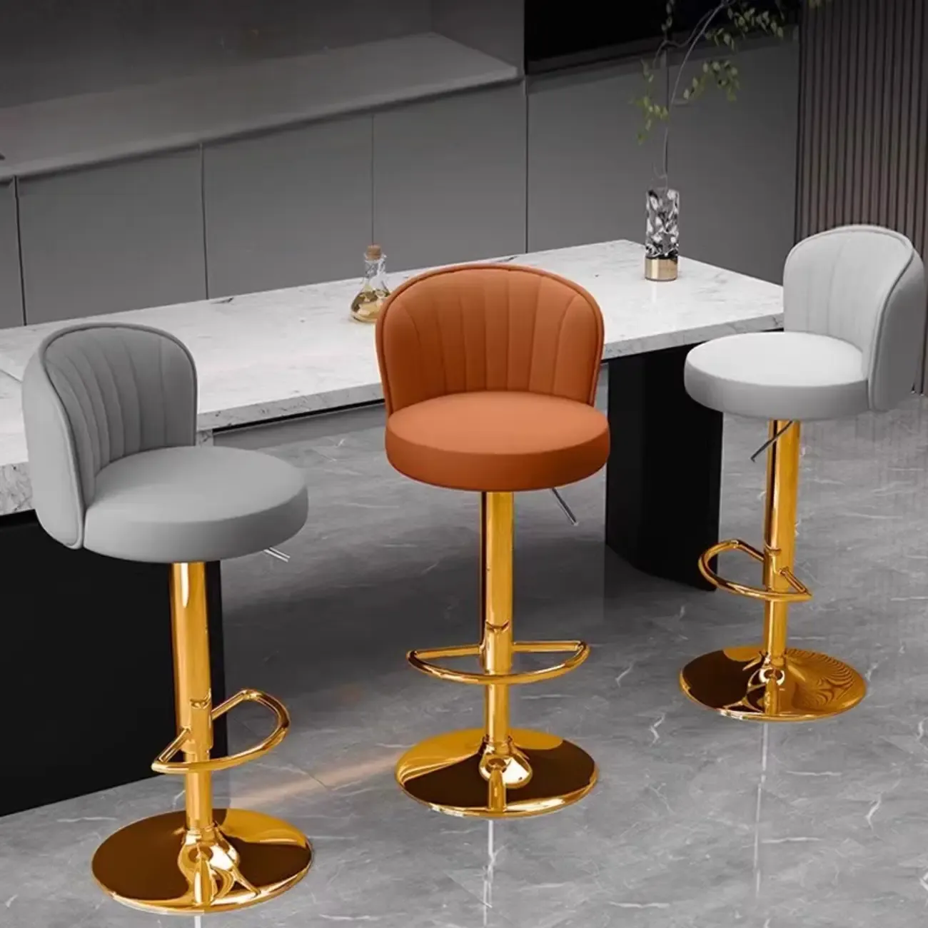 Contemporary Leather Upholstered Bar Stools with Low Back Image - 1