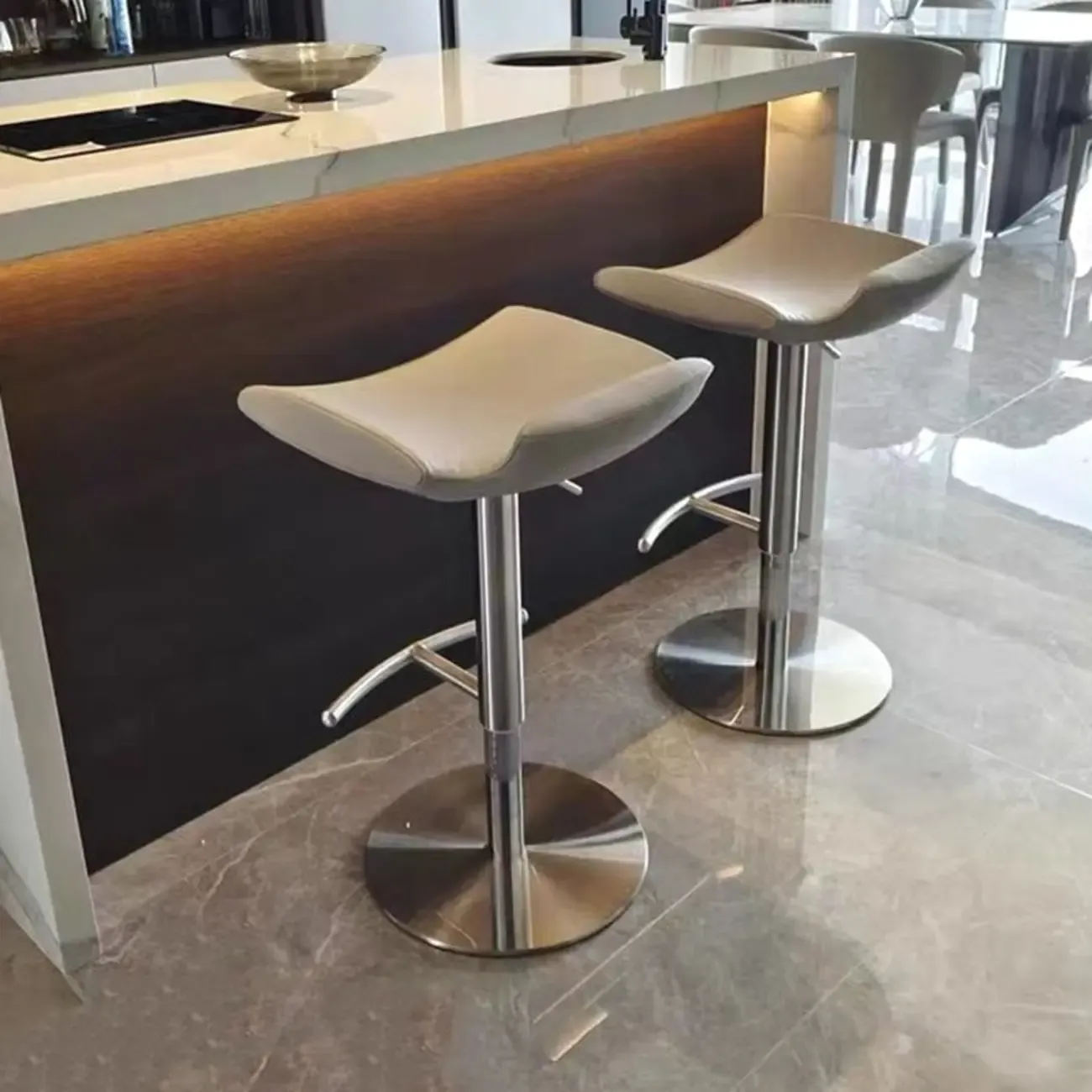 Modern Adjustable Faux Leather Swivel Bar Stools Image - 2