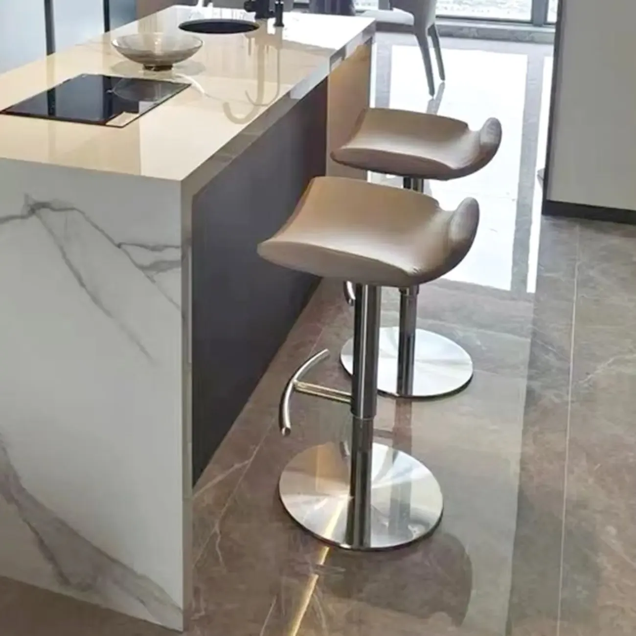 Modern Adjustable Faux Leather Swivel Bar Stools Image - 1