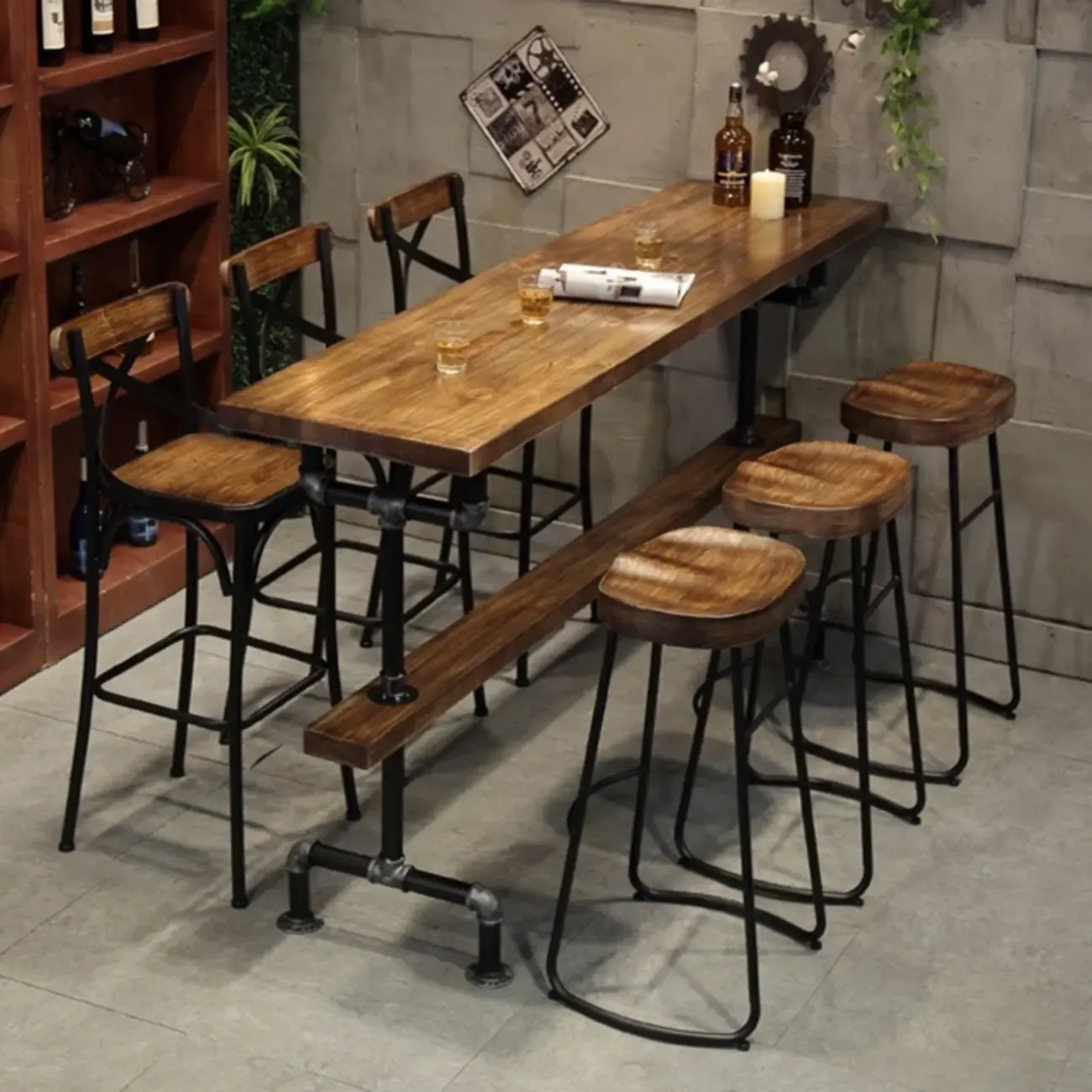 Rectangle Distressed Brown Wood Bar Table With Footrest Image - 1