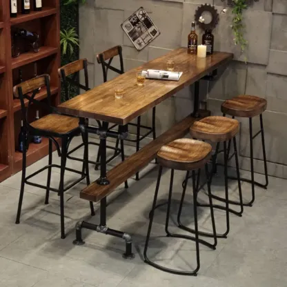 Rectangle Distressed Brown Wood Bar Table With Footrest Image - 1