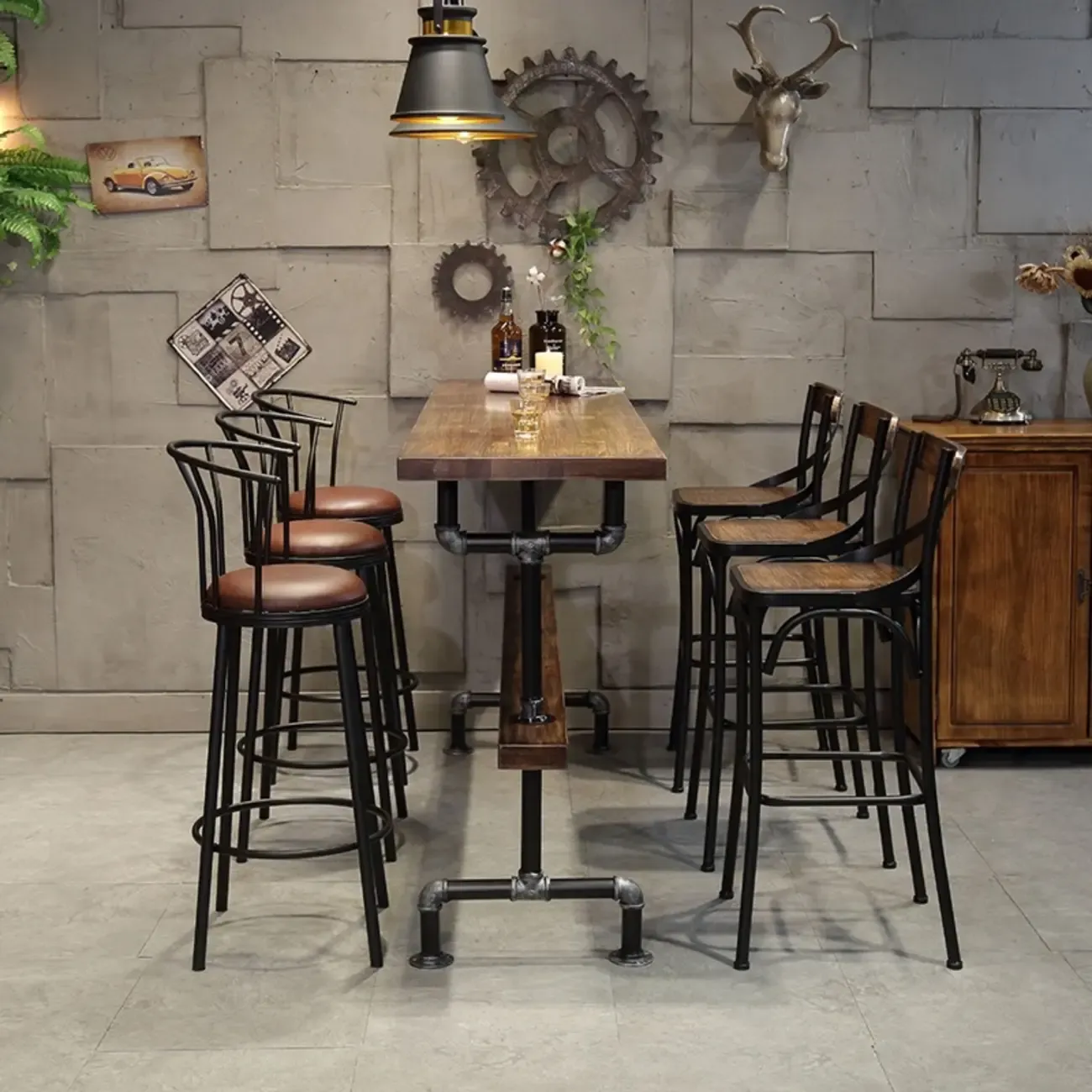 Rectangle Distressed Brown Wood Bar Table With Footrest Image - 2