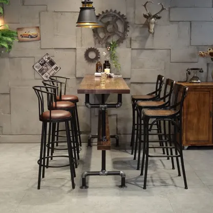 Rectangle Distressed Brown Wood Bar Table With Footrest Image - 2