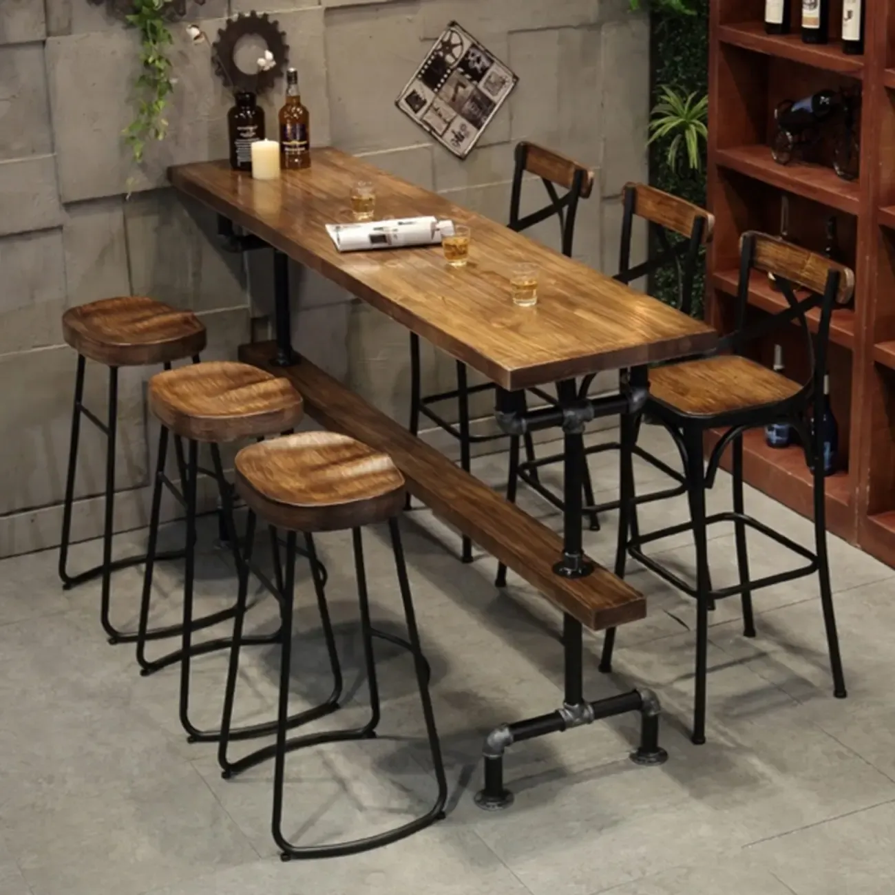 Rectangle Distressed Brown Wood Bar Table With Footrest Image - 3