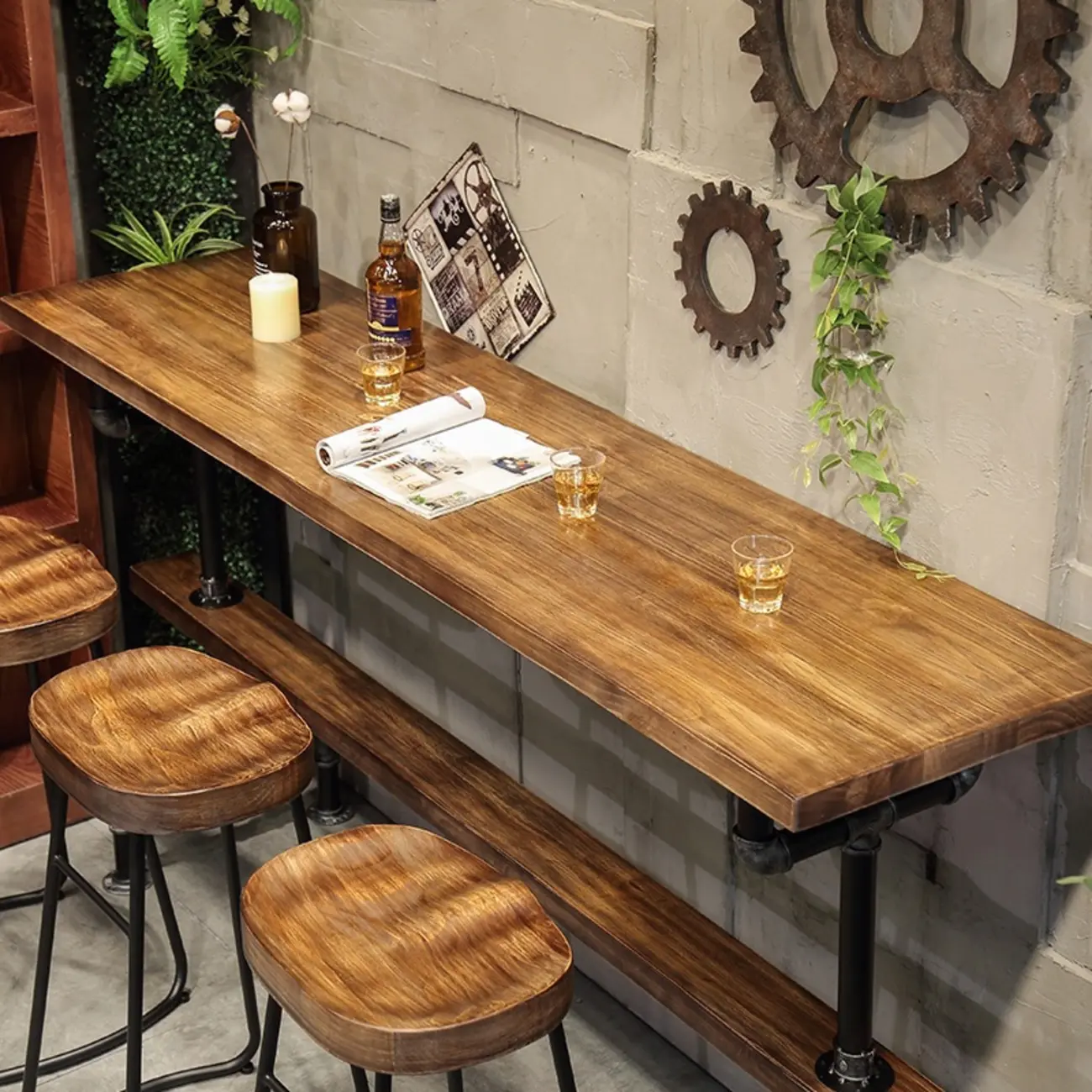 Rectangle Distressed Brown Wood Bar Table With Footrest Image - 4 | homeyfad