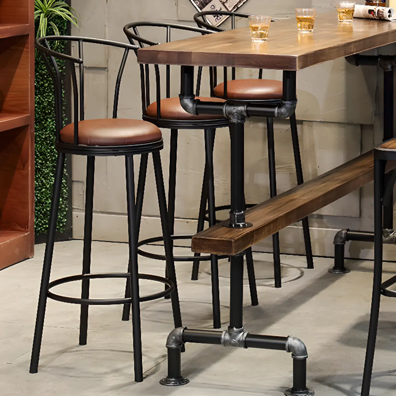 Rectangle Distressed Brown Wood Bar Table With Footrest Image - 6 | homeyfad