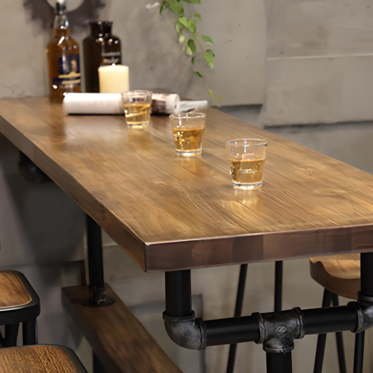 Rectangle Distressed Brown Wood Bar Table With Footrest Image - 8 | homeyfad