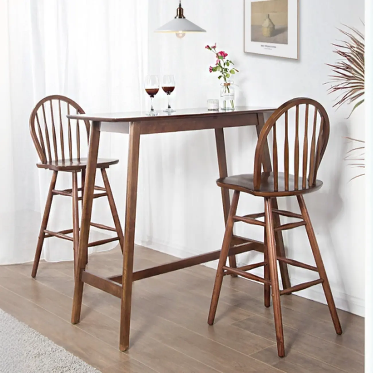 Scandinavian Brown Wooden Rubberwood Footrest Bar Tables Image - 1 | homeyfad