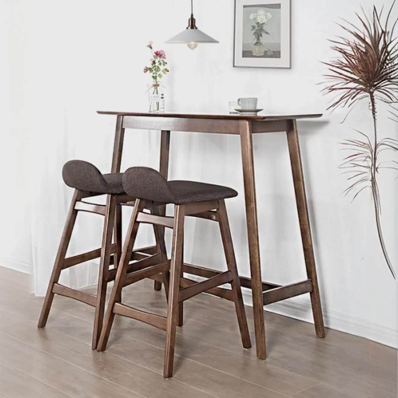 Scandinavian Brown Wooden Rubberwood Footrest Bar Tables Image - 4 | homeyfad