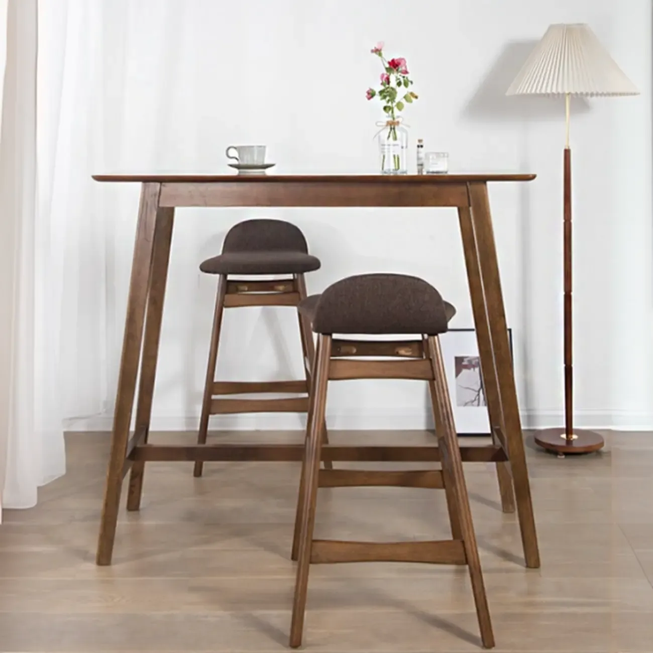 Scandinavian Brown Wooden Rubberwood Footrest Bar Tables Image - 5