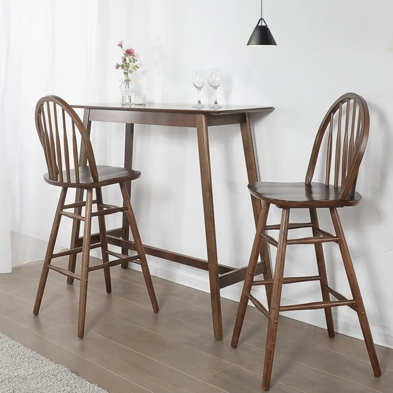 Scandinavian Brown Wooden Rubberwood Footrest Bar Tables Image - 6