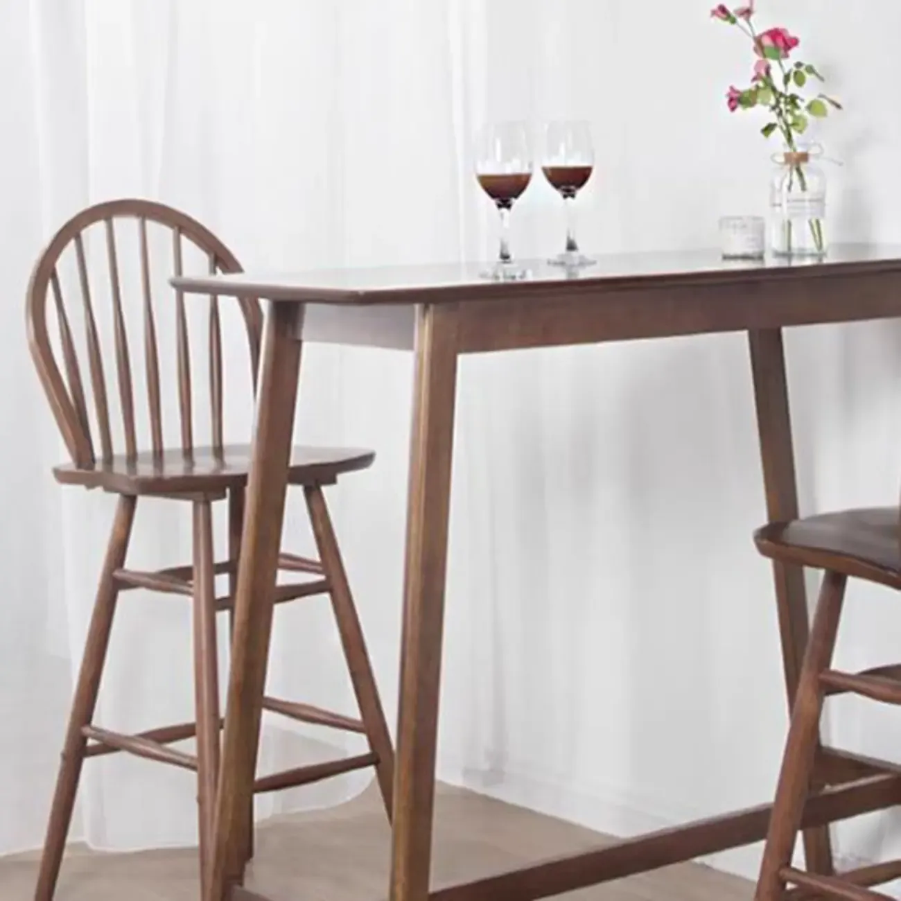 Scandinavian Brown Wooden Rubberwood Footrest Bar Tables Image - 9