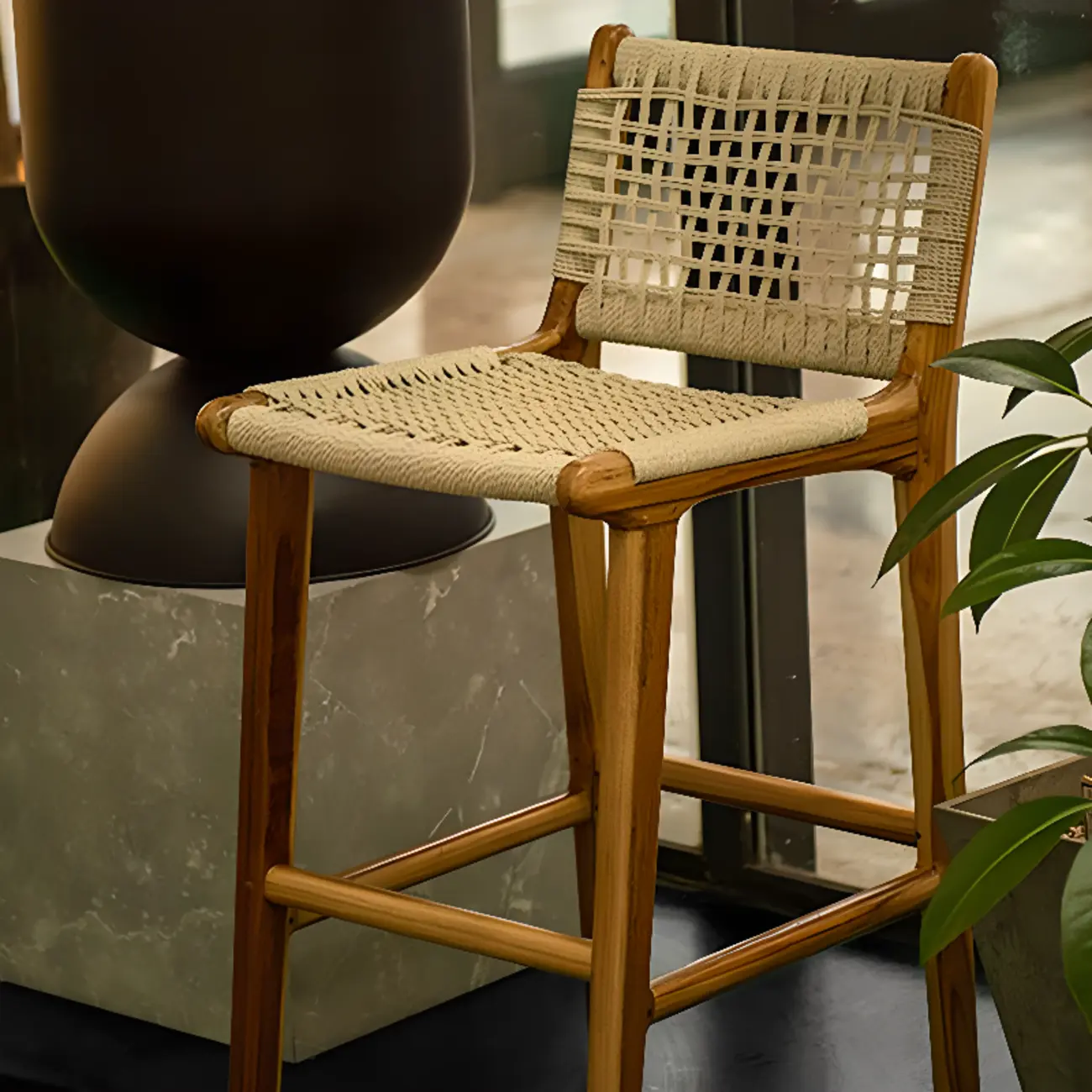 Rustic Wood Wicker Seat Counter Bar Stools with Back Image - 1 | homeyfad