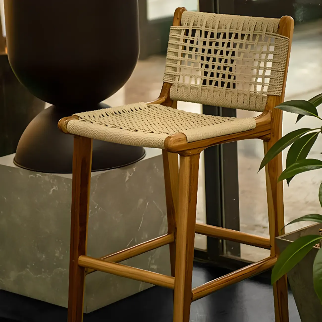 Rustic Wood Wicker Seat Counter Bar Stools with Back Image - 1