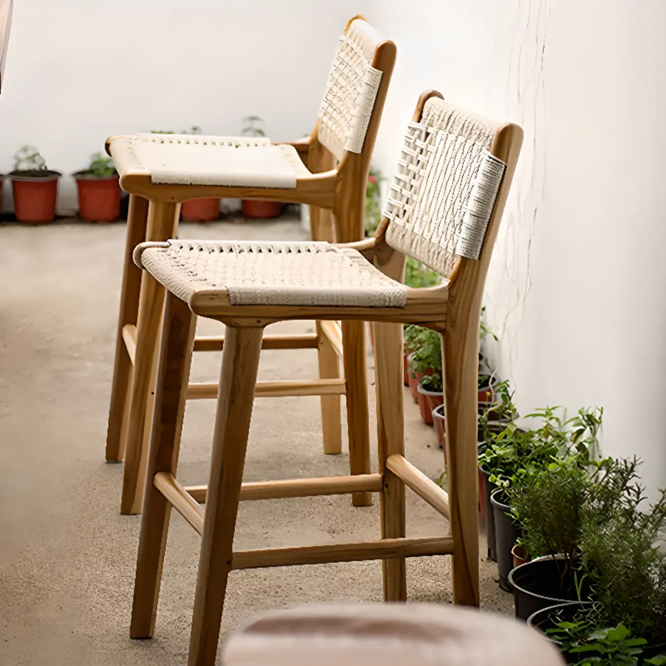 Rustic Wood Wicker Seat Counter Bar Stools with Back Image - 4
