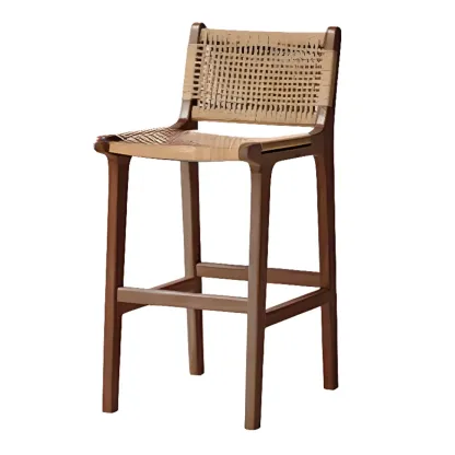 Rustic Wood Wicker Seat Counter Bar Stools with Back Image - 12