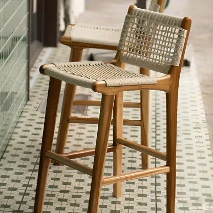 Rustic Wood Wicker Seat Counter Bar Stools with Back Image - 2
