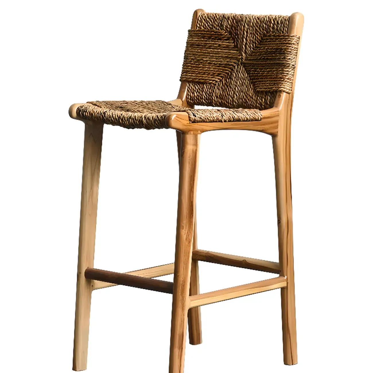 Rustic Wood Wicker Seat Counter Bar Stools with Back Image - 14