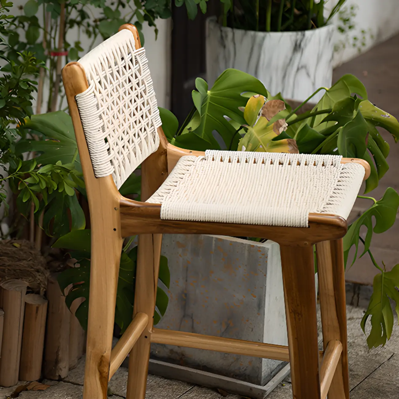 Rustic Wood Wicker Seat Counter Bar Stools with Back Image - 3 | homeyfad