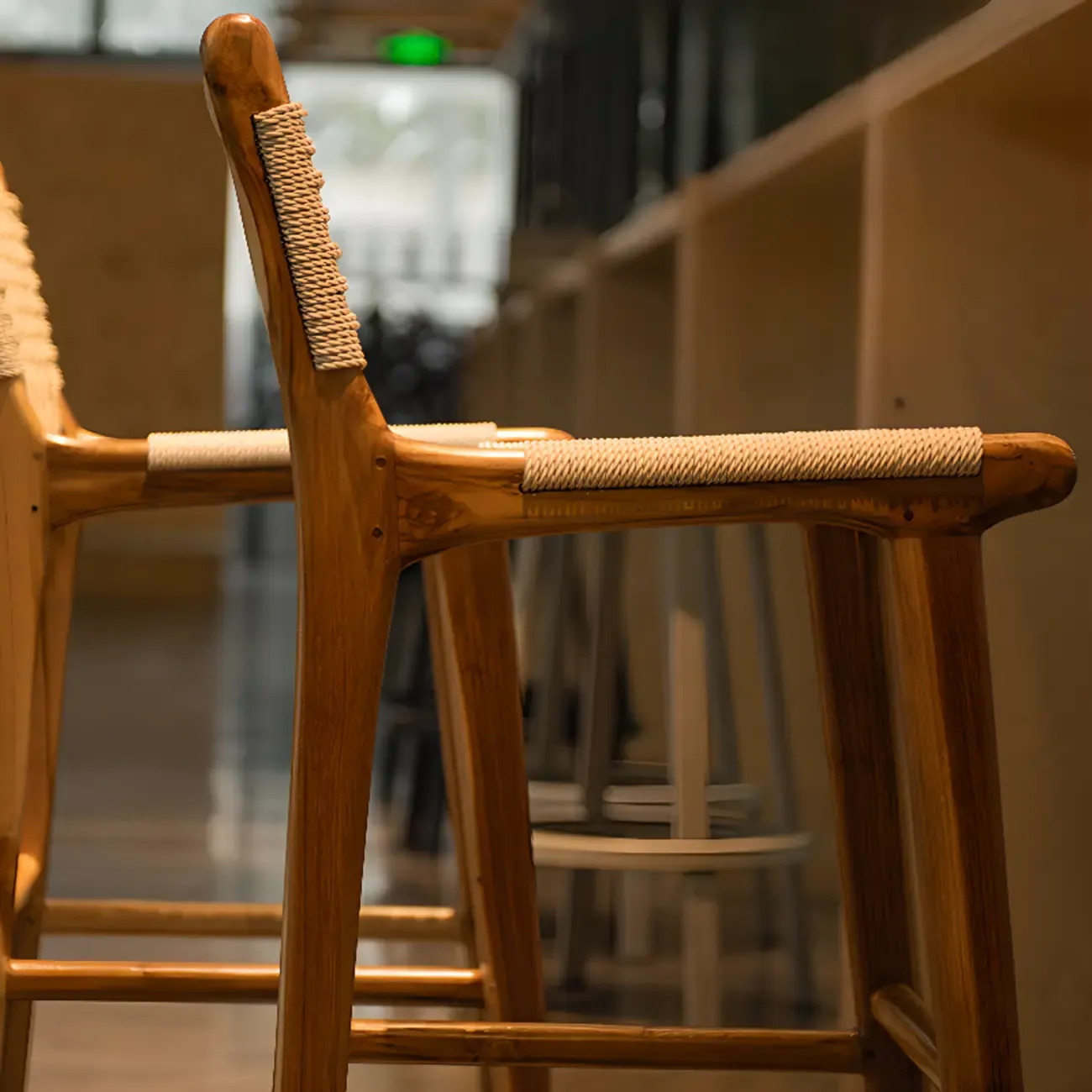 Rustic Wood Wicker Seat Counter Bar Stools with Back Image - 7