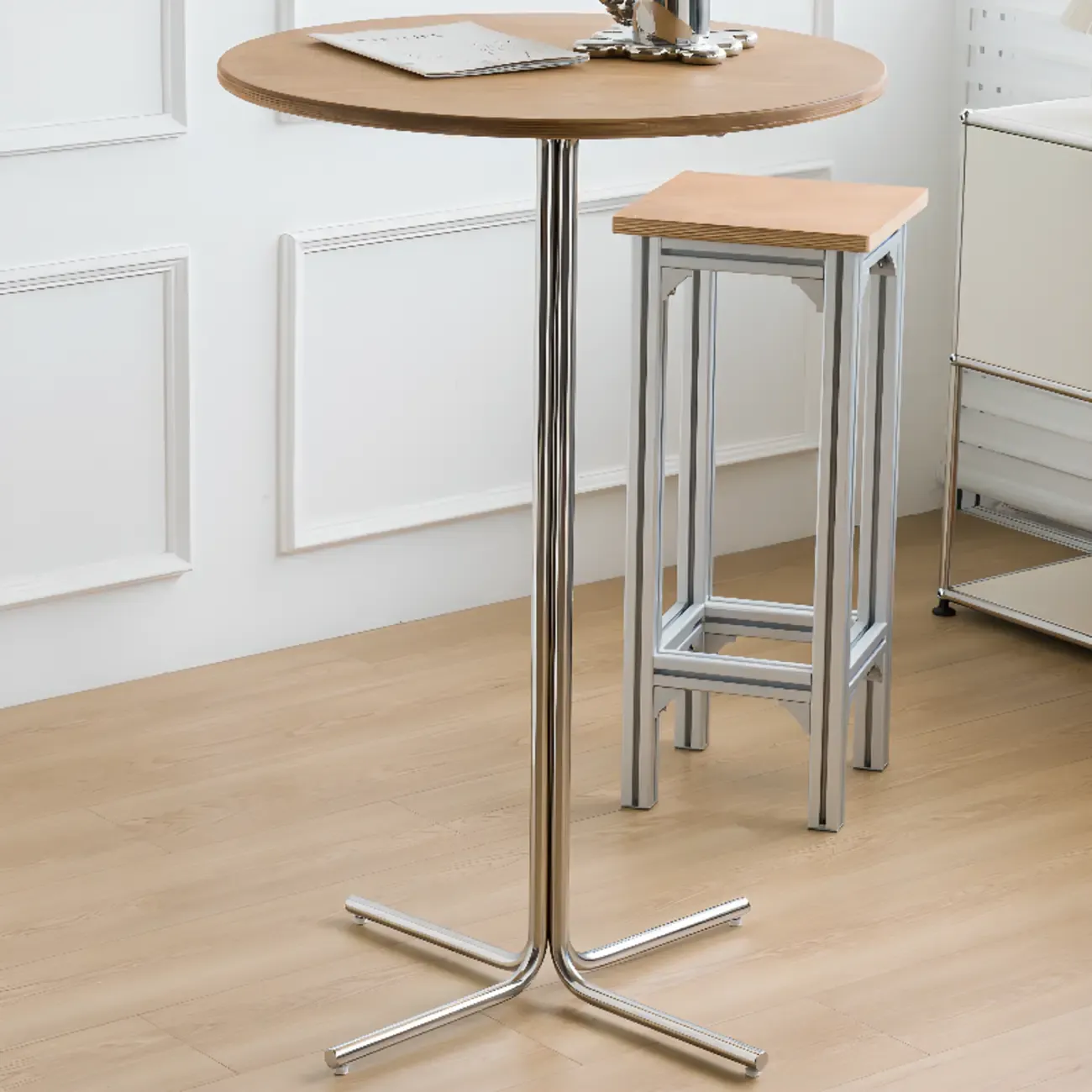 Modern Natural Wood Silver Metal Cross Legs Bar Tables Image - 8