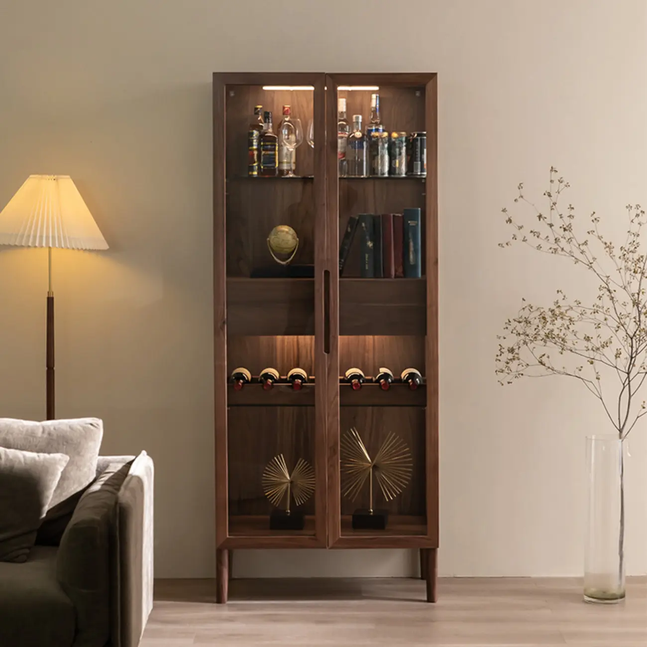 Sitting Room Old School Walnut Glass Cabinet with Illuminating Image - 1 | homeyfad
