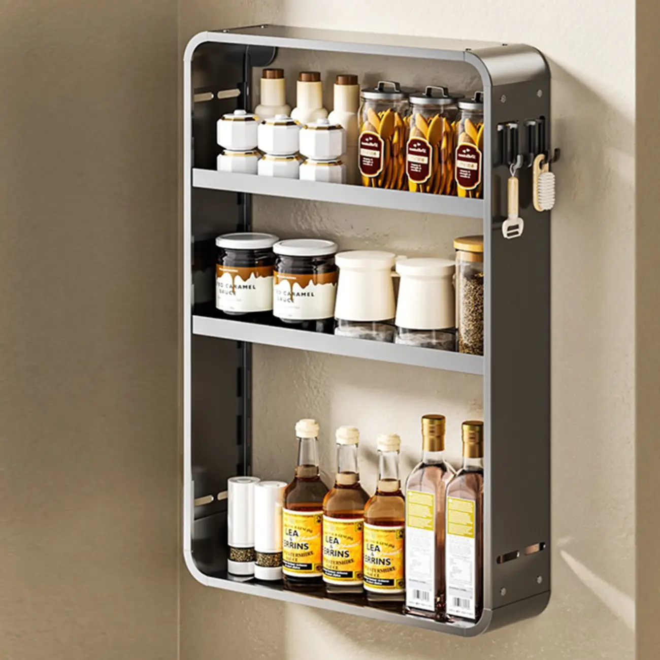 Simplistic Wall-installed Rack Shelf with Hooks, 4 Tiers/3 Tiers/2 Tiers Image - 3 | homeyfad
