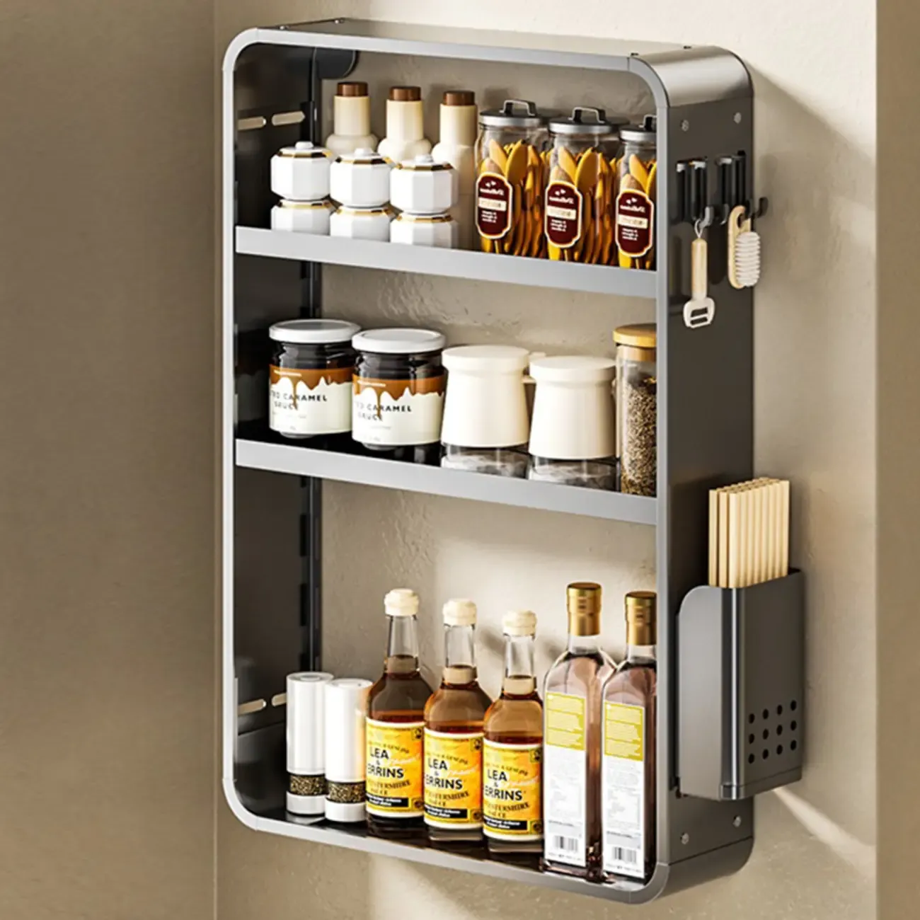 Simplistic Wall-installed Rack Shelf with Hooks, 4 Tiers/3 Tiers/2 Tiers Image - 12