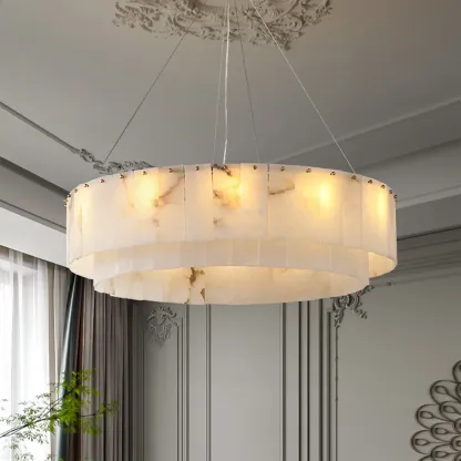 White Circular Alabaster Modern Ring Chandelier Light Image - 1